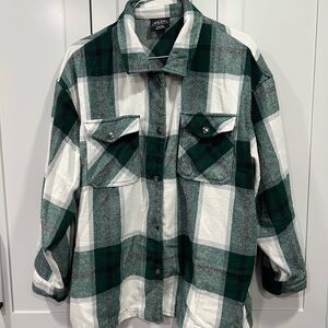 Green and White Plaid Snap-Up Shirt Jacket